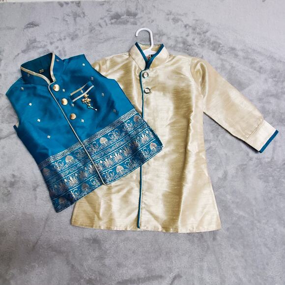 Kurta Suit Jacket & Vest Boys 2 Blue Turqoise Gold Button Front Wedding Indian - Picture 3 of 16